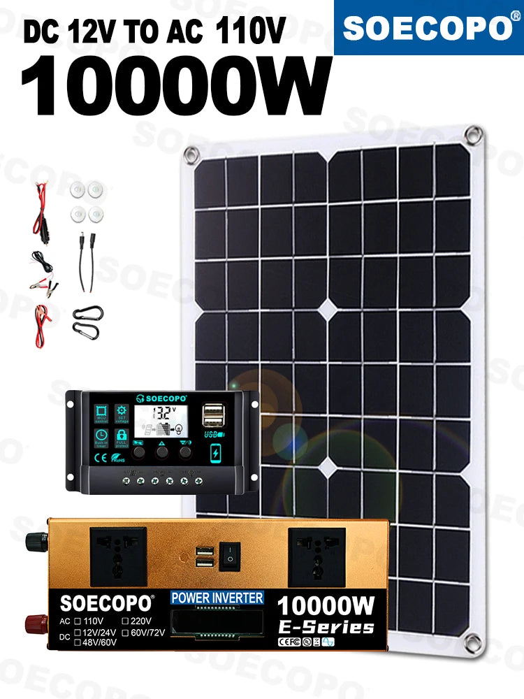 Off-Grid Solar Kit 10000W Powerful Inverter + 500W Solar Panels + 100A Controller DC 12V24V - AC 110V/220V Inverter Zpaxo 110V Solar kit