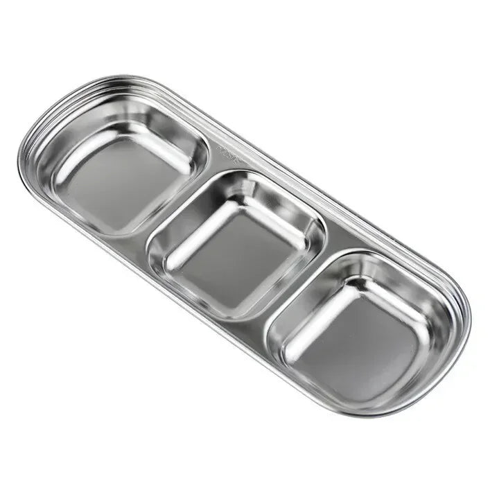 304 Stainless Steel 3-Compartment Dip Tray | Korean BBQ Sauce Condiment Dip Tray Zpaxo silvery