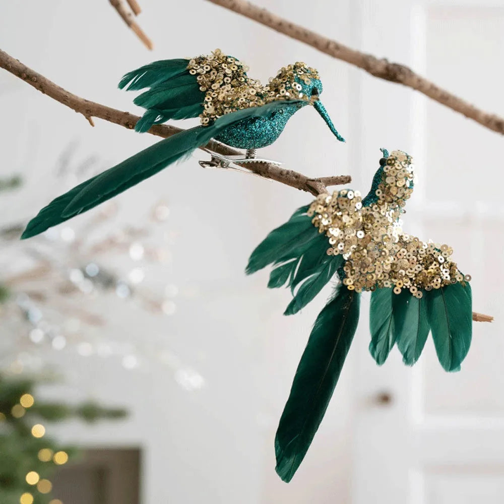 Glitter Feather Bird Christmas Ornaments – 2-Pack Handmade Christmas Ornaments Zpaxo Green