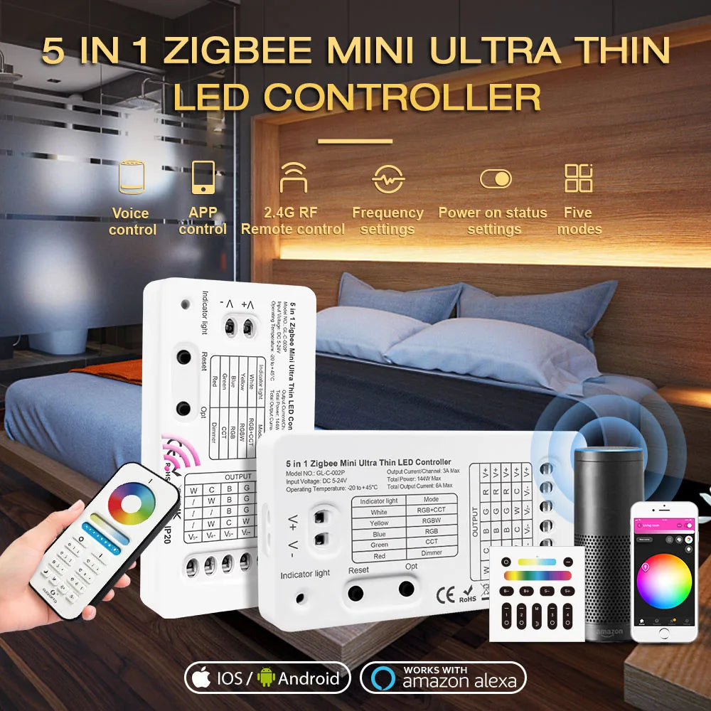 Zigbee Mini 5 in1 12/24V RGBCCT/RGBW/RGB/CCT/Dimmer LED Light Strip Controller Tuya Smart Life App/2.4G Remote Control Alexa Hue Zpaxo