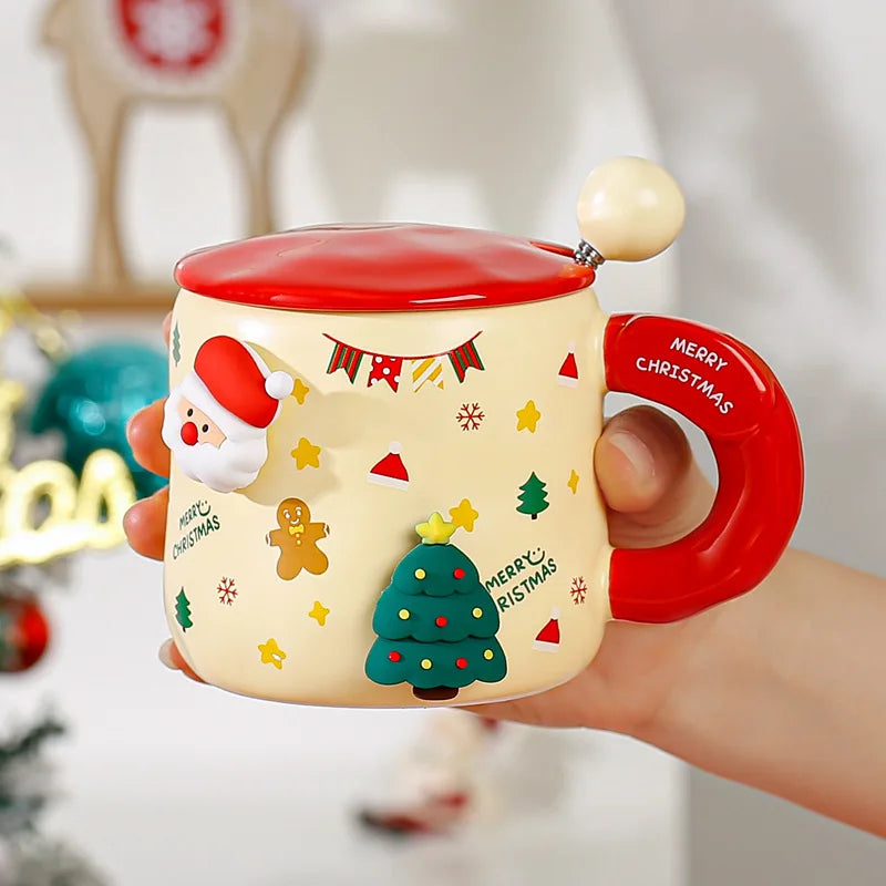 Christmas Themed Mugs Magnetic Attachment Lid Spoon Cute Ceramic Cup