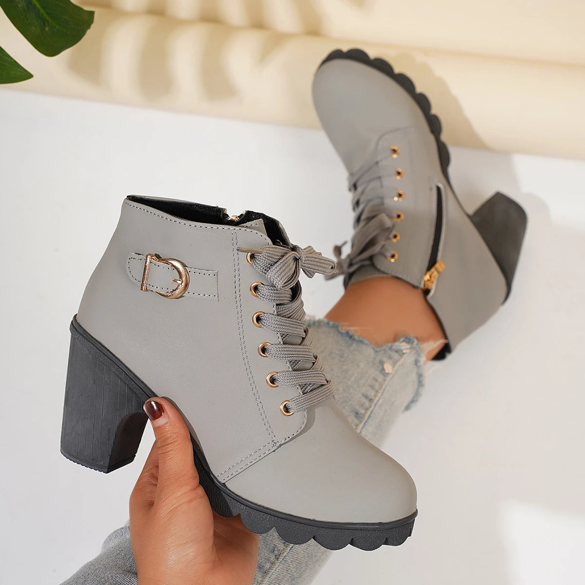 2025 New Women Ankle Boots High Quality Lace-up Boots Ladies Comfortable High Heels Shoes for Women Spring Winter Women Pumps Zpaxo