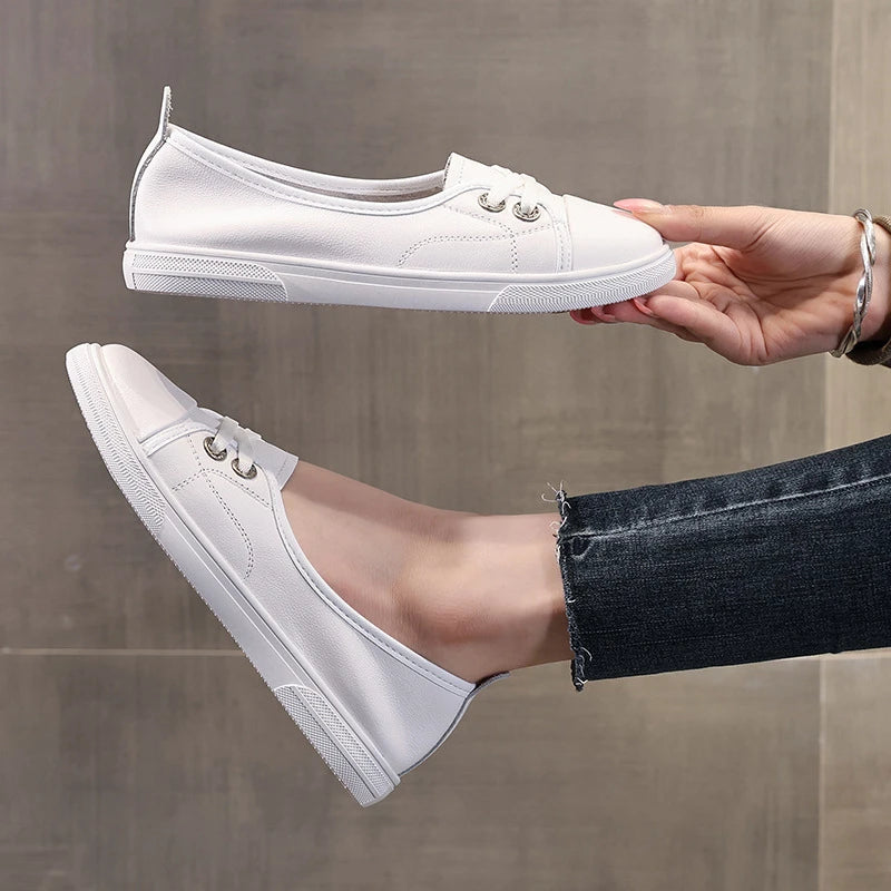 2026 Leather White Sneakers Women Spring Autumn Slip Lazy Elastic Zpaxo