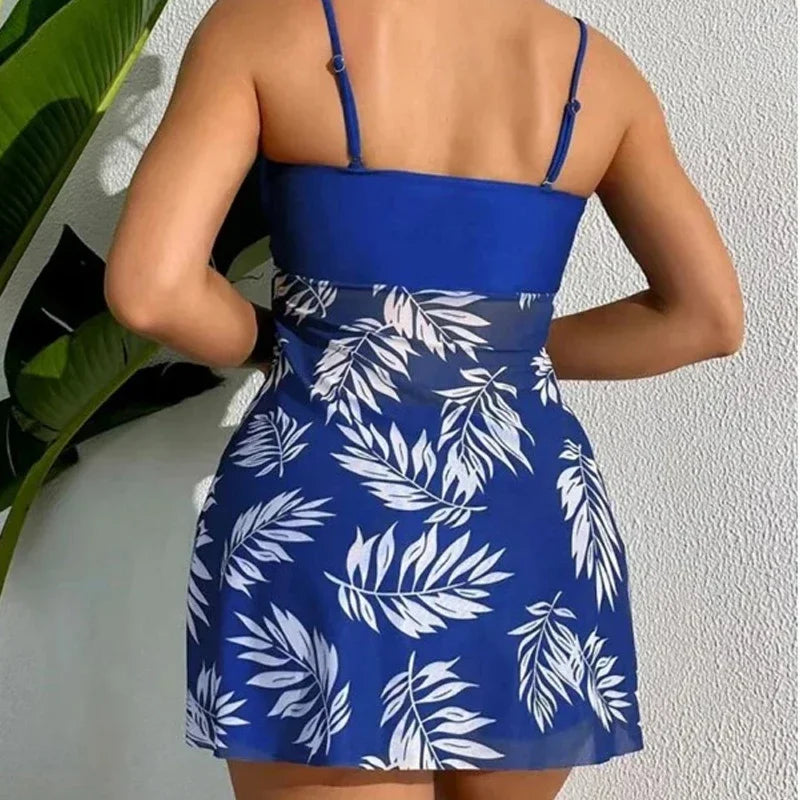 Women's High Waist Bandeau Bikini Set – Mesh Print Beach Dress