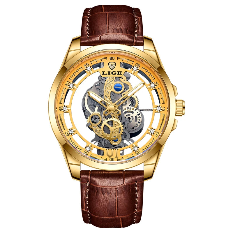2025 LIGE Men Watch Skeleton Automatic Quartz Watch Gold Skeleton Vintage Man Watch Mens Watches Top Brand Luxury часы мужские Zpaxo All gold L