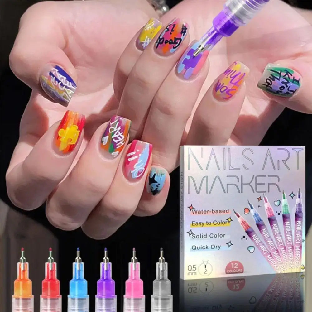 12 Colors 3D Nail Graffiti Pen Set 12Pcs Waterproof Quick Drying Acrylic Dotting Liner DIY Artistic Beauty Nail Tool Zpaxo