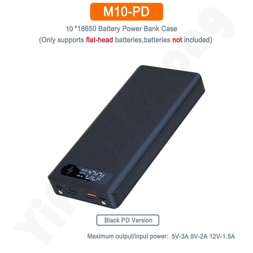DIY 10*18650 Power Bank Case External 5V PD Fast Charging Battery Charge Storage Box Shell For Charging Mobile Phones Portable Zpaxo PD Black