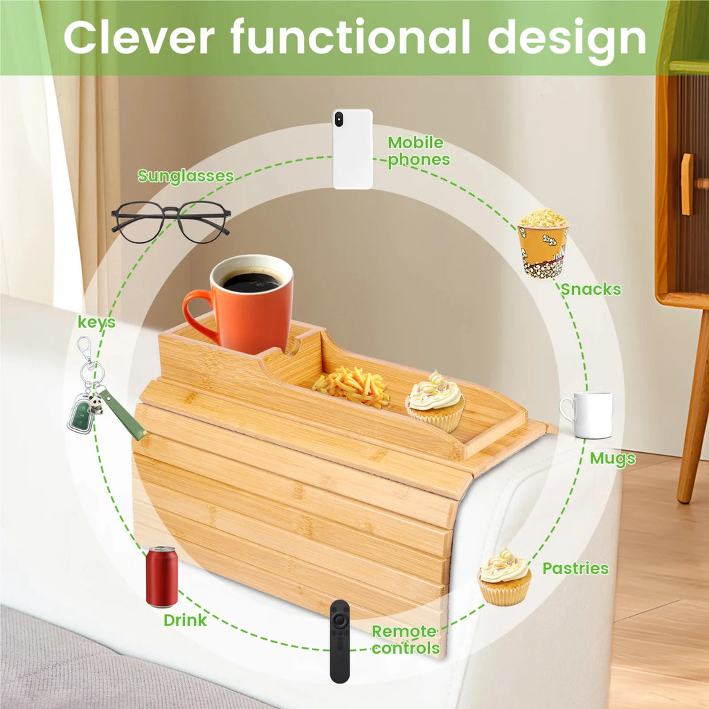 Bamboo Sofa Armrest Tray – Anti-Slip Foldable Couch Cup Holder Sofa Armrest Tray Zpaxo