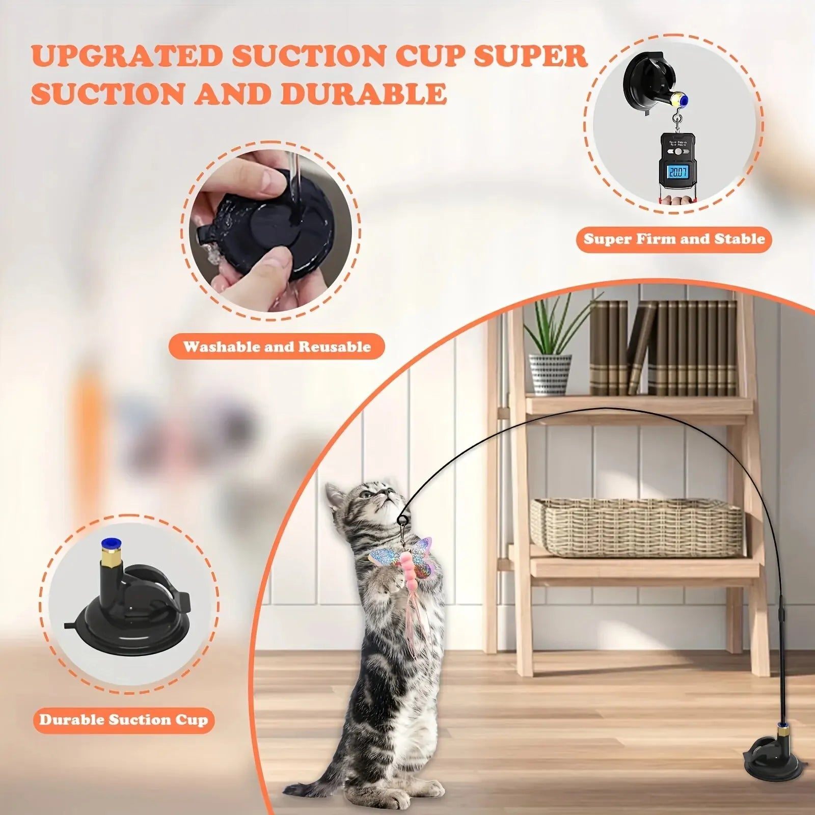 Interactive Cat Teaser Wand Bell Feather Long Suction Cup Pole Toy