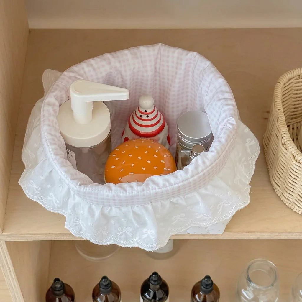 Cotton Fabric Storage Basket | Polka Dot Lace Ruffle Organizer