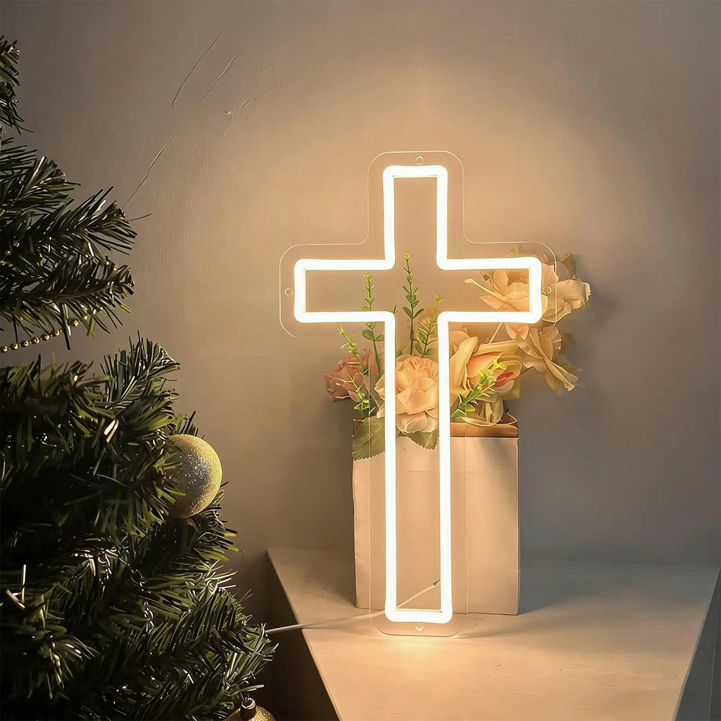 Neon Cross LED Light Wall Sign Dimmable Acrylic Crucifix Lamp Bedroom