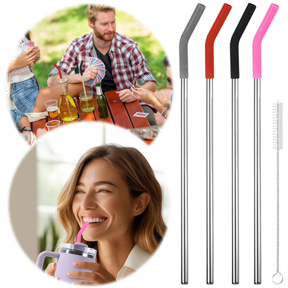 Stainless Steel Straw Silicone Tip Cleaning Brush Reusable Metal