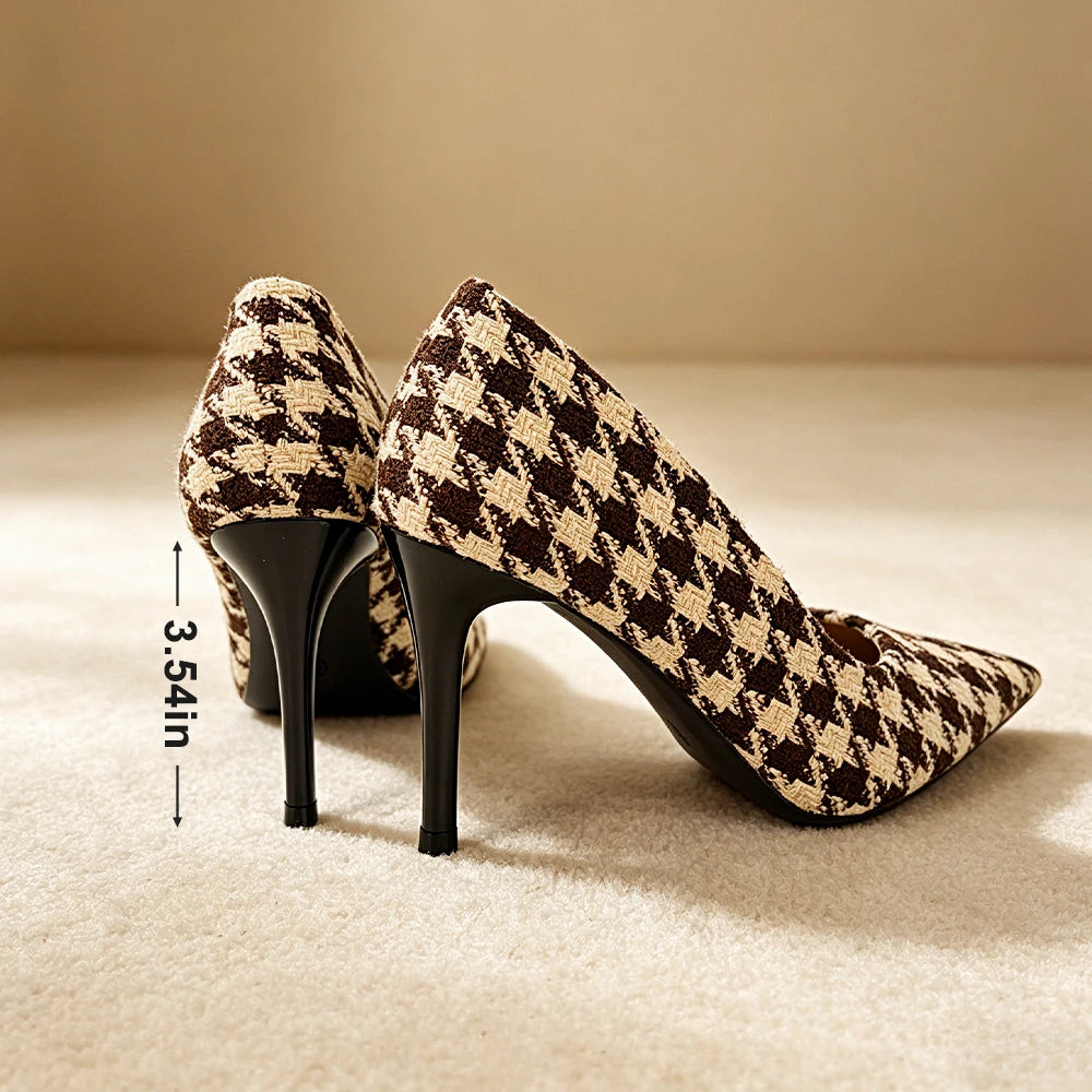 Women's Vintage Houndstooth Pointed Toe Pumps | 9cm Heels