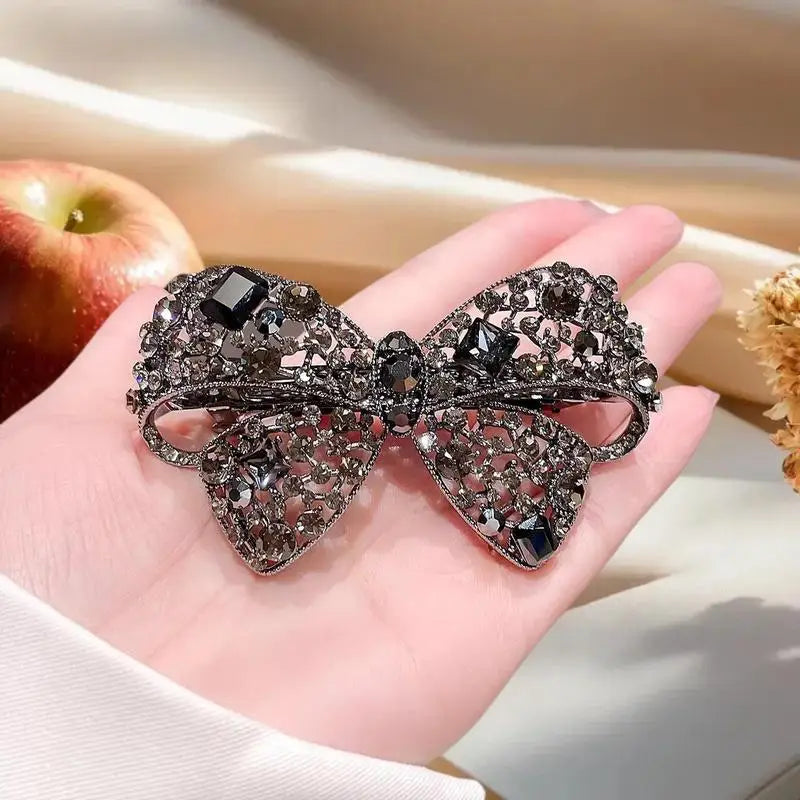 Upscale Black Crystal Bow Shaped Hairpin Rhinestone-embellished Zpaxo