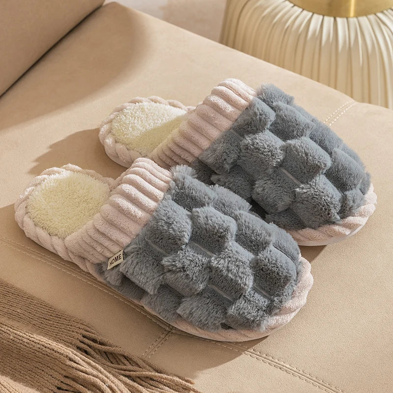 Fashion Couple Winter Toe Wrap Warm Plaid Cotton Slippers Thick Soft