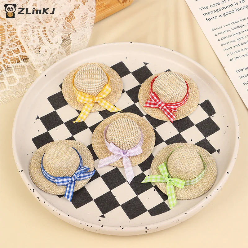 ▶2Pcs Miniature Handmade Style Straw Hat Mini Sun Cap Ribbon With Bow for Doll Decor Accessories Doll House Photo Props Zpaxo