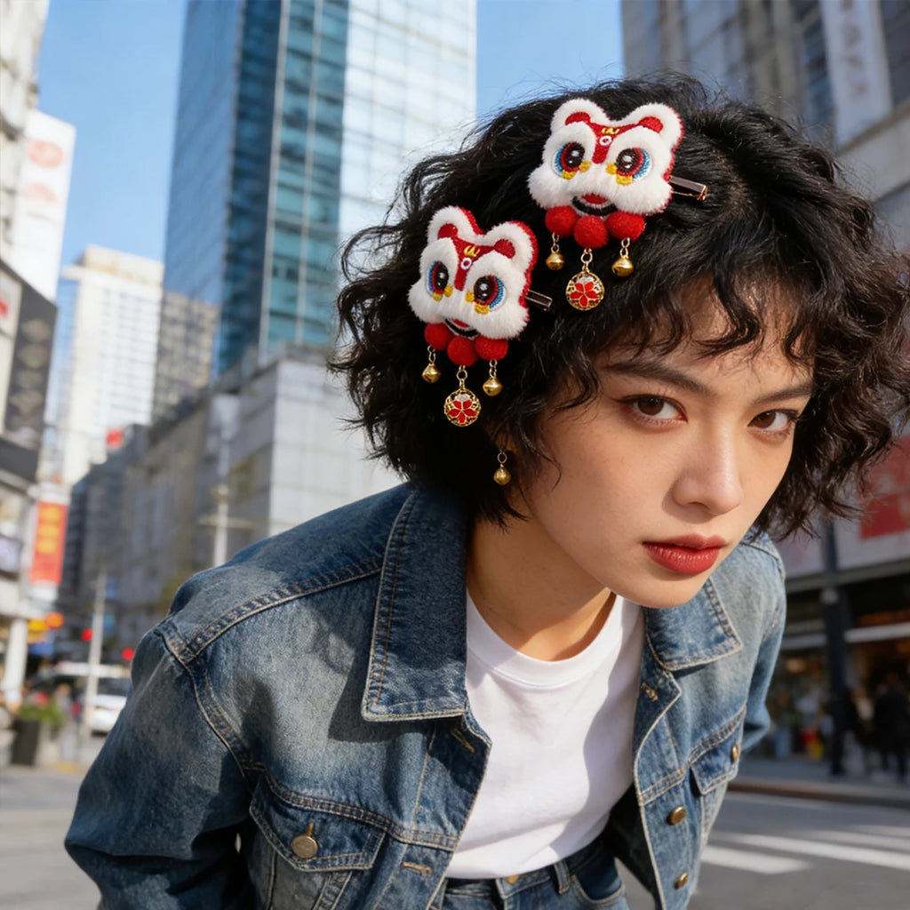 Chinese Lion Dance Pompom Tassel Hair Clips – 2pcs Barrette Set
