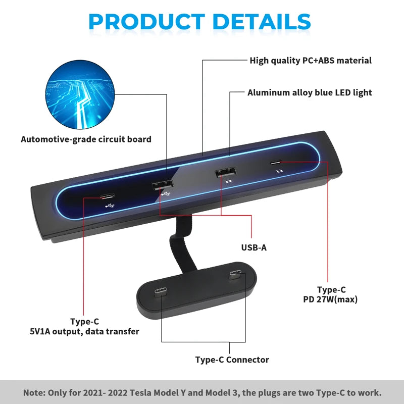 Tesla Model 3 & Y USB Hub – 27W Fast Charger Docking Station