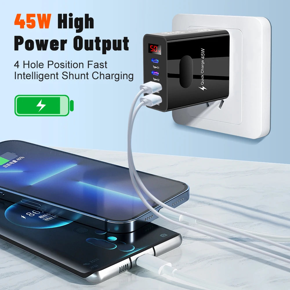 45W 4-Port USB-C Fast Wall Charger | QC 3.0 & PD Display USB Wall Charger Zpaxo