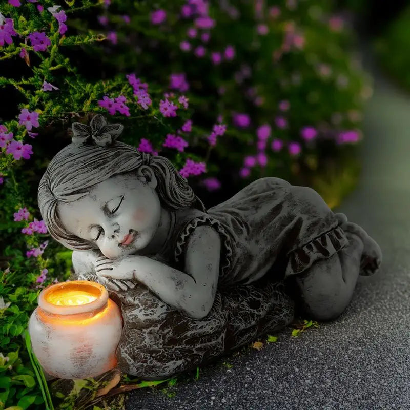 Garden Resin Child Sculpture Cute Little Boy Girl Statue Solar Indoor