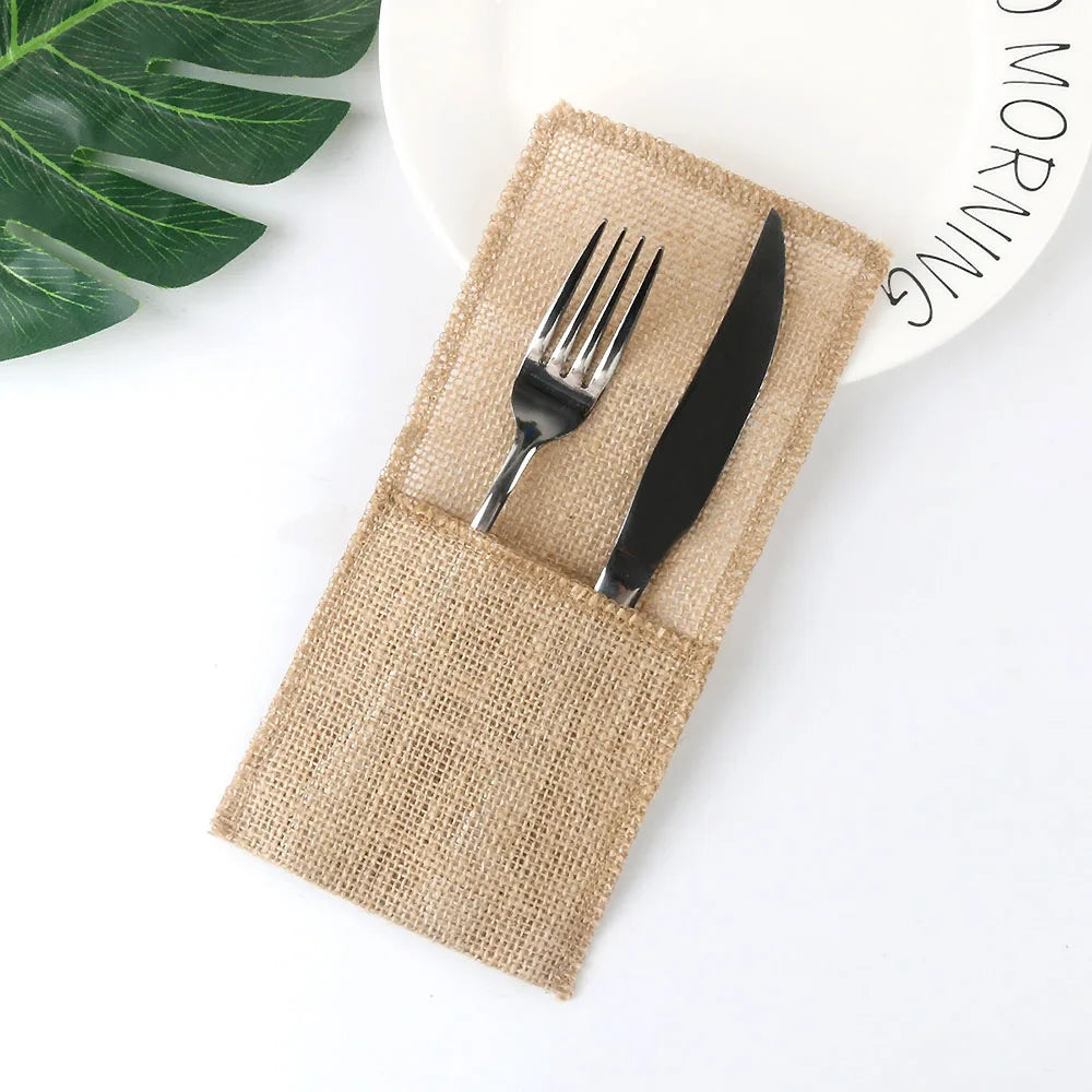 10- Burlap Lace Cutlery Pouch Party Tableware Decor Vintage Jute Zpaxo D 20pcs