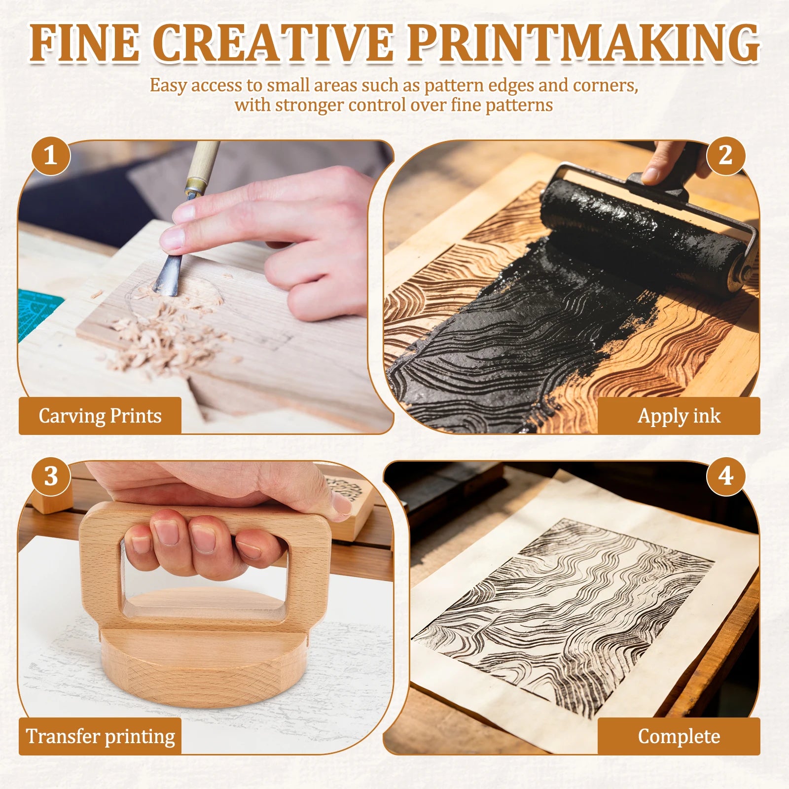 Wood Block Printing baren Bamboo and Wood Baren for Printmaking with Comfortable Ergonomic Handle - Linocut Block Printing - Bar Zpaxo