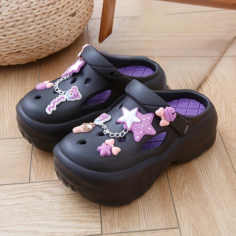 Women's Summer Beach Clogs Adorable Cartoon Accents Breathable Hollow Zpaxo black 37-38