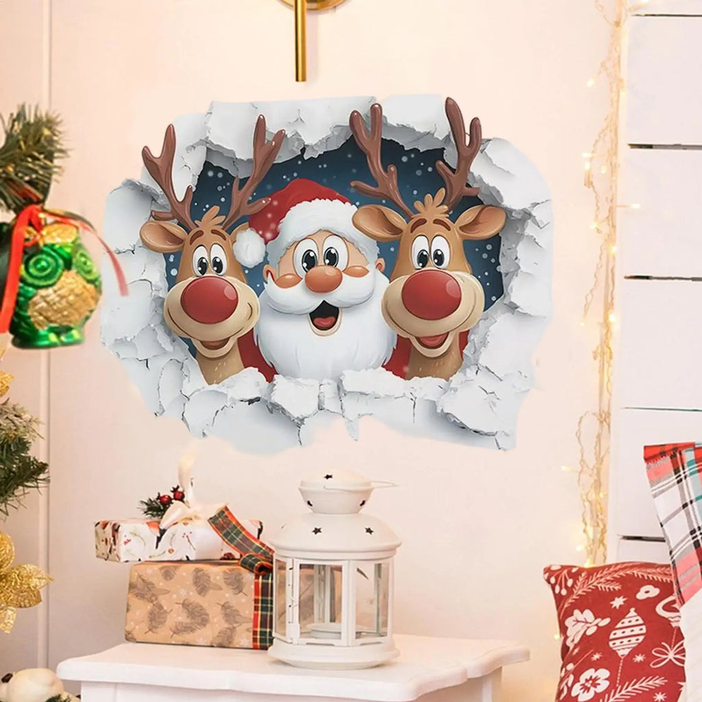 3D Effect Wall Decal Sticker Removable Breaking Santa Claus Reindeer