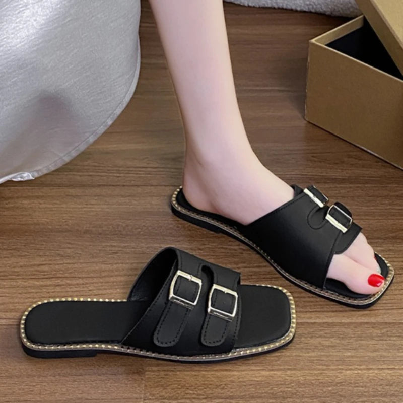 Women's Square Open Toe Comfortable Double Buckle Strap Slippers Zpaxo black 41