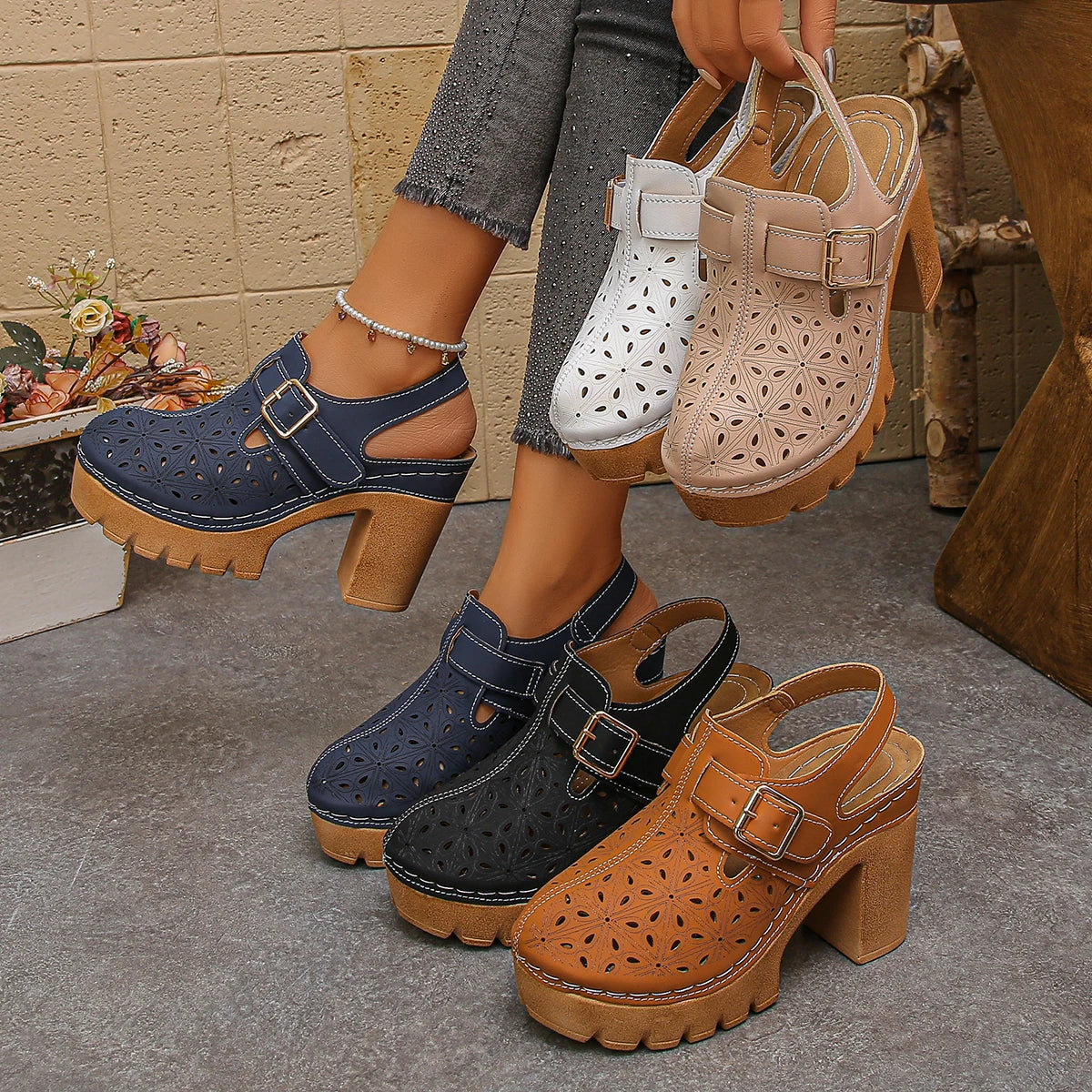 2025 New Women Sandals Fashion Hollow Out Summer Sandals Casual Plus Size High Heels Shoes Women Retro Closed Toe Ladies Shoes Zpaxo