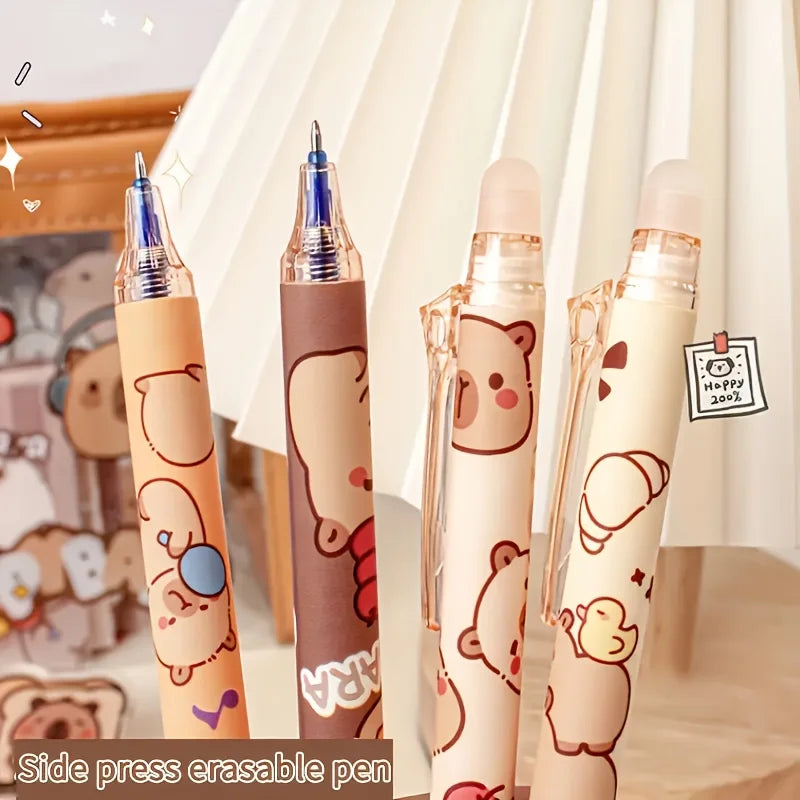 Cute Capybara Erasable Gel Pens 6 Colors Retractable Blue Ink Smooth