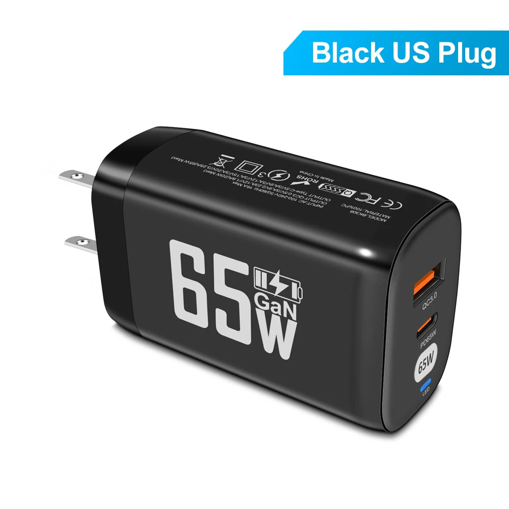 65W GaN USB-C Charger & Cable – MacBook, Lenovo, Xiaomi USB-C GaN Charger Zpaxo Black US Plug