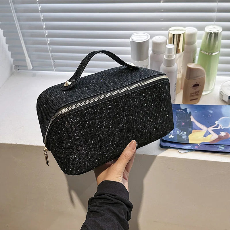 New Sparkling Bag, Large Capacity Internet Celebrity Hot Item, Women's Multifunctional Texture Wash Bag, Hand-held Makeup Bag Zpaxo Black