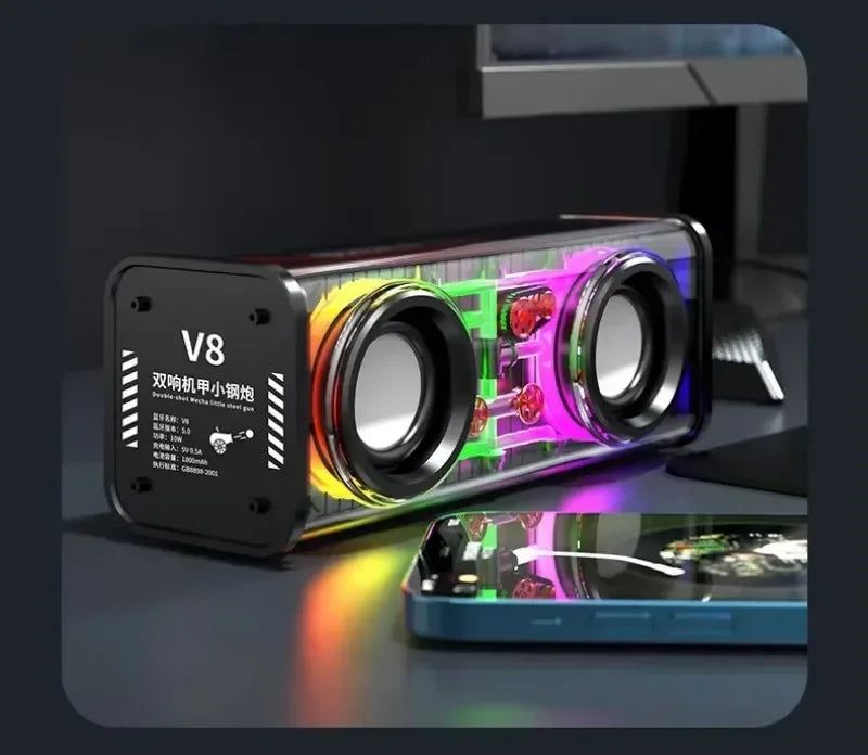 V8 Transparent Mecha Speakers Bluetooth 5.0 Wireless Double Bass Diaphragm Subwoofer Music TWS RGB Light Mini Party Loudspeaker Zpaxo black