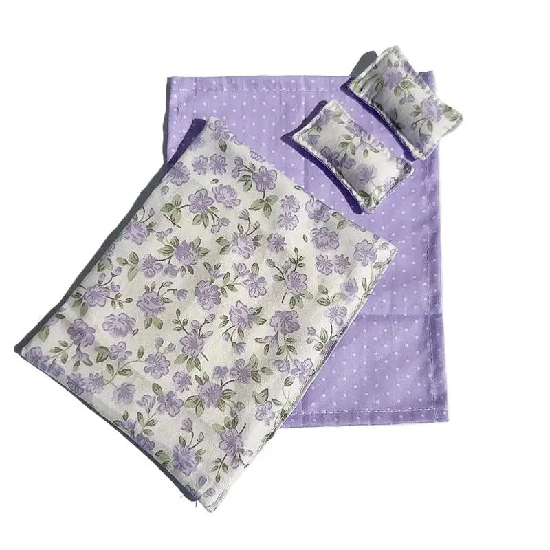 ▶1/12 Dollhouse Miniature Bed Four Piece Bed Set Bed Sheet Quilt Pillow Quilt Cover Bedding Set Doll Bedroom Decoration Toy Zpaxo Purple