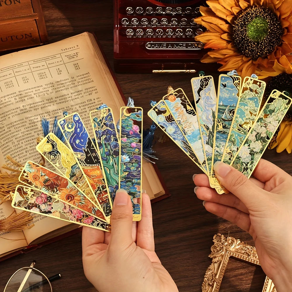 Vintage Oil Painting Metal Bookmarks Hollow Stamping Tassel Zpaxo