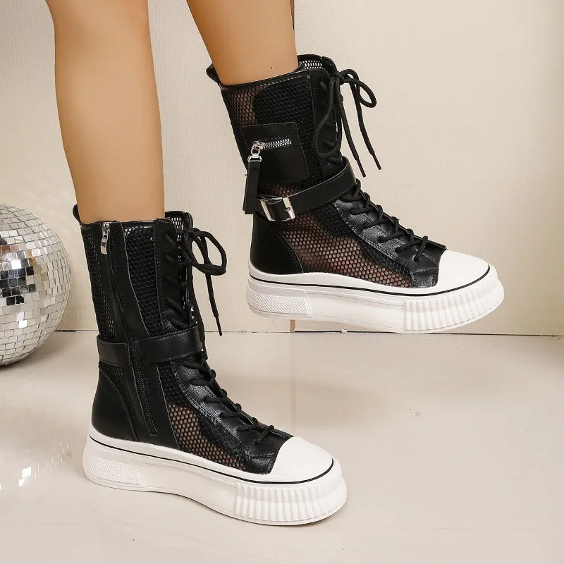 Women's Round Closed Toe Mesh Fabric Breathable Solid Mid Heel Zpaxo
