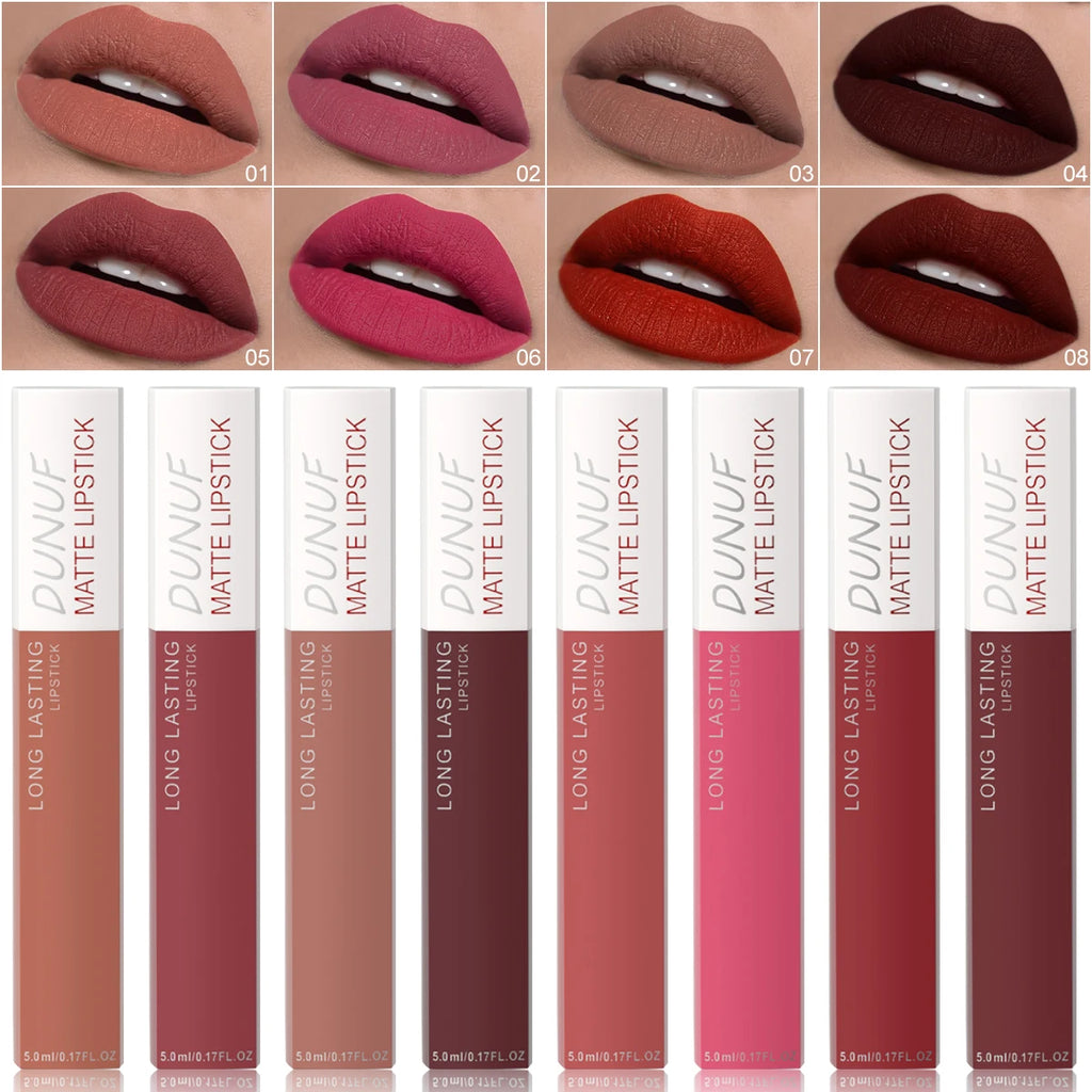 8Pcs/Set Matte Velvet Lip Gloss Long Lasting Nude Shades Non Fading Waterproof Sweatproof Lightweight Comfortable Zpaxo