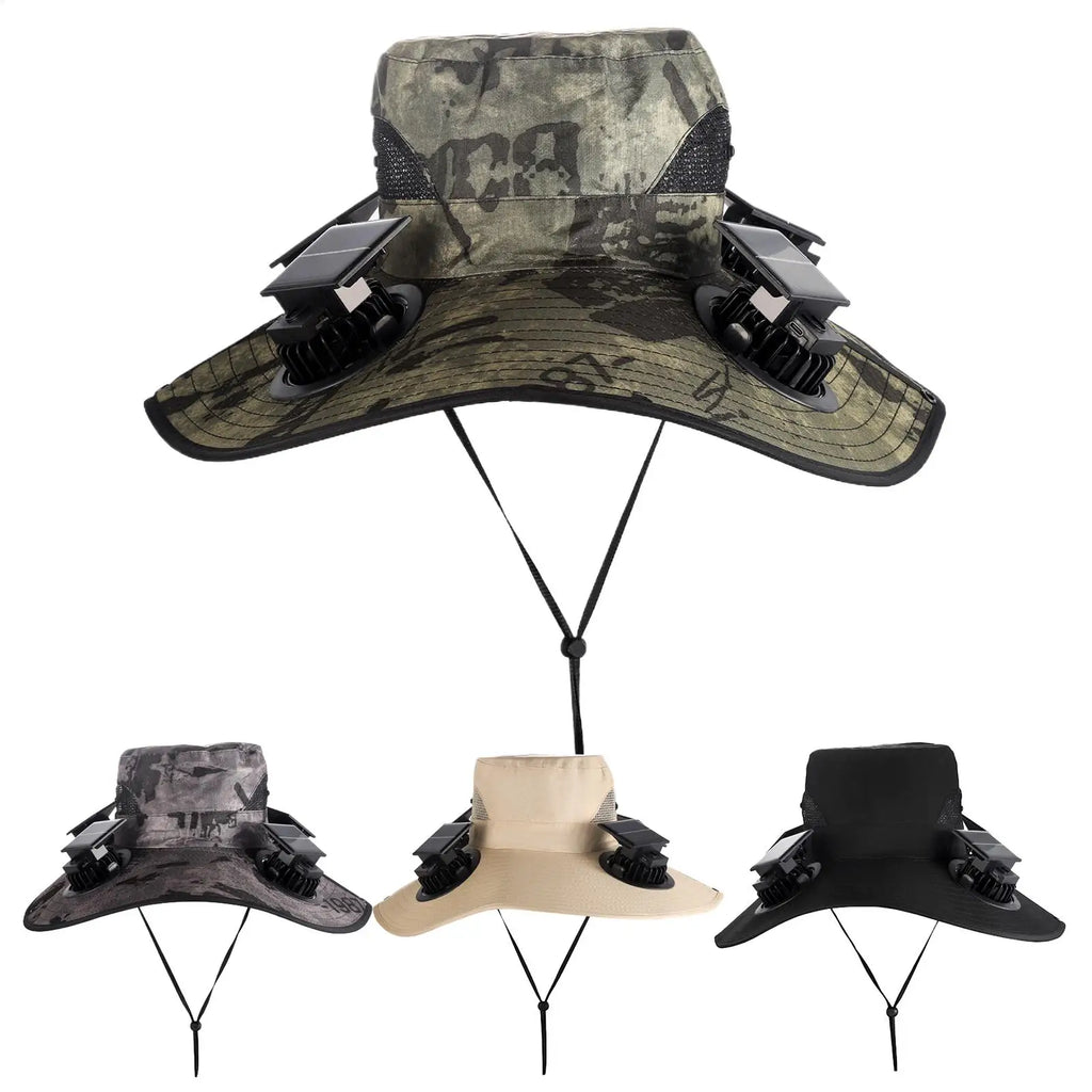 Large Quick Dry Bucket Hat Solar Powered Fan USB Charging Sun Men