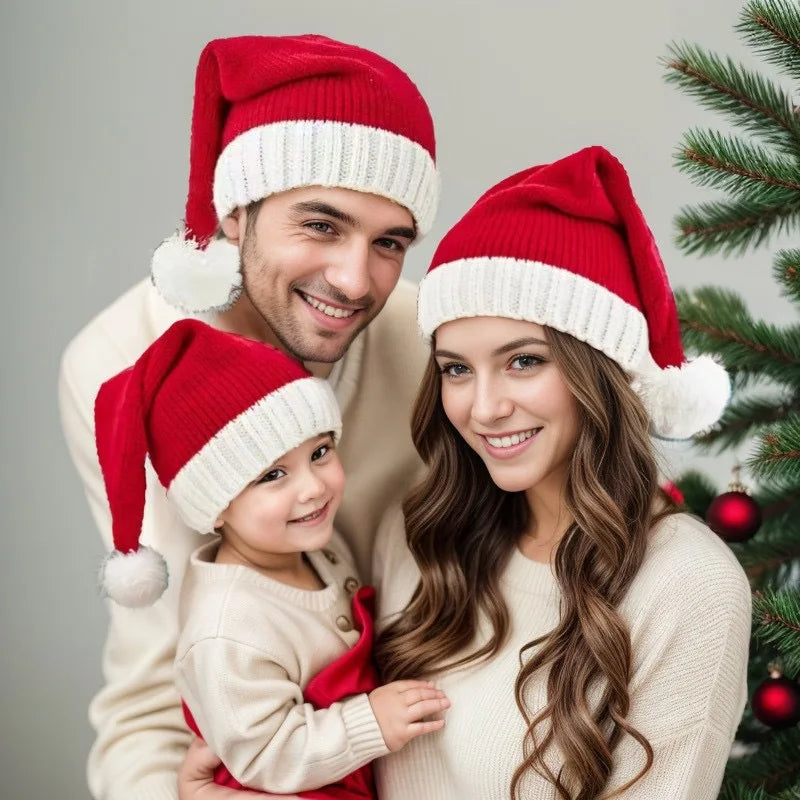 Christmas Knitted Hat Adult Kids Cute Pompom Soft Beanie Santa Year