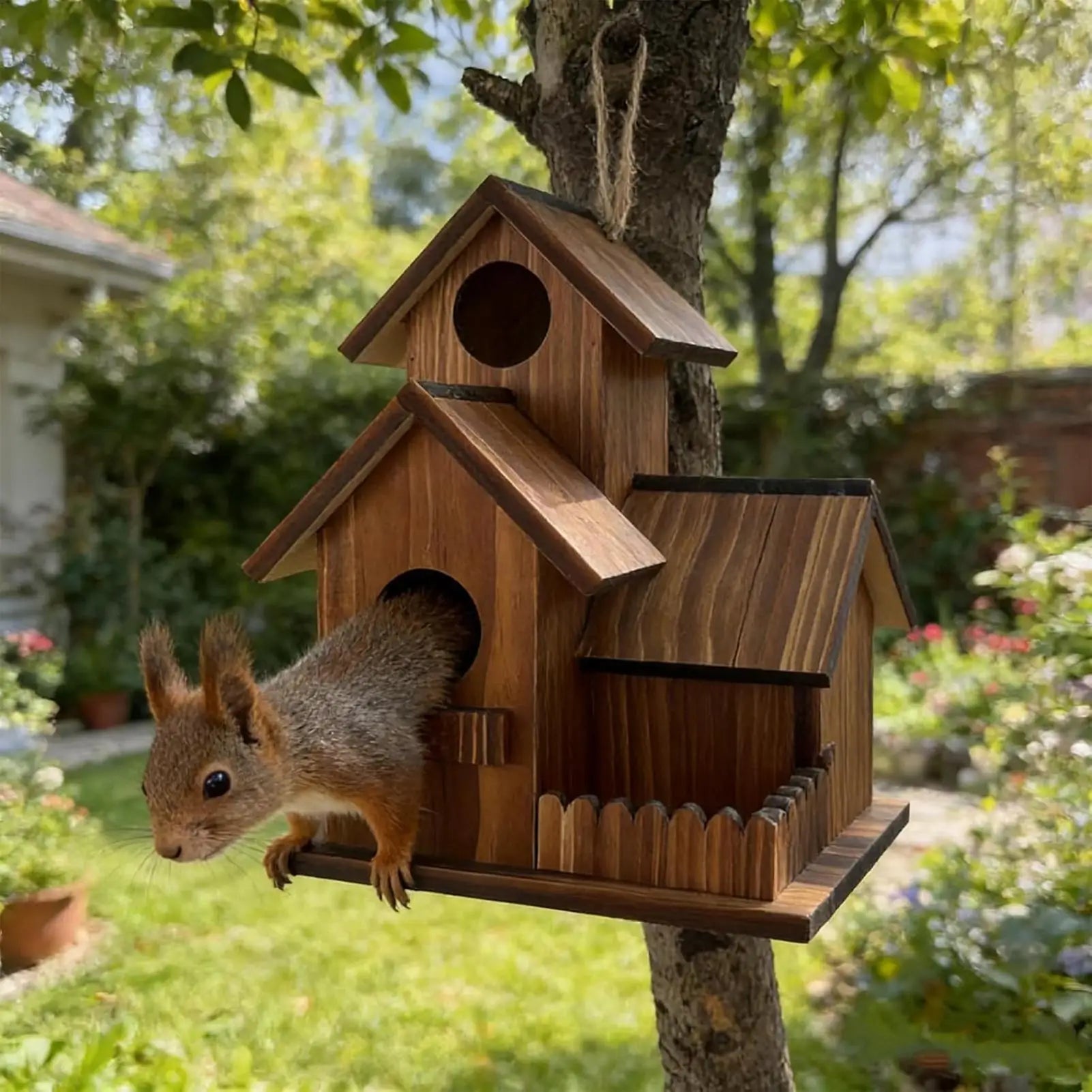 Squirrel Feeder Wooden Outdoor Three Room Chipmunk Feeding Station