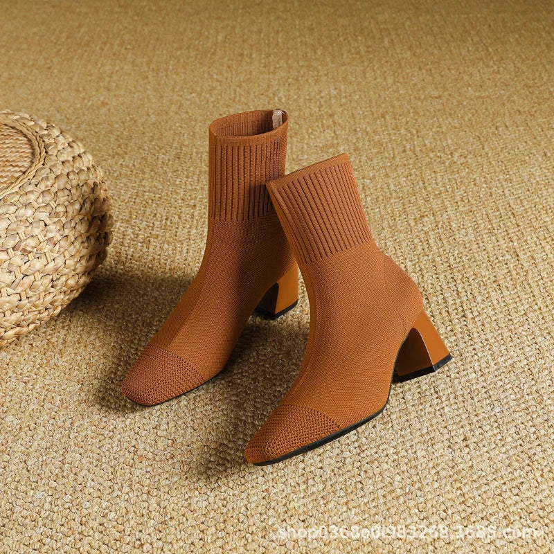 Black Square Toe Knit Sock Boots Elastic Slim Thick Block Heel Heels Zpaxo