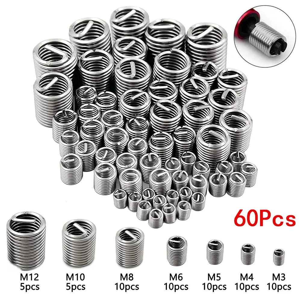 60Pcs Wire Thread Insert M3 M4 M5 M6 M8 M10 M12 Fastening Thread Insert Stainless Steel Spiral Wire Screw Sleeve Wear Repair Kit Zpaxo
