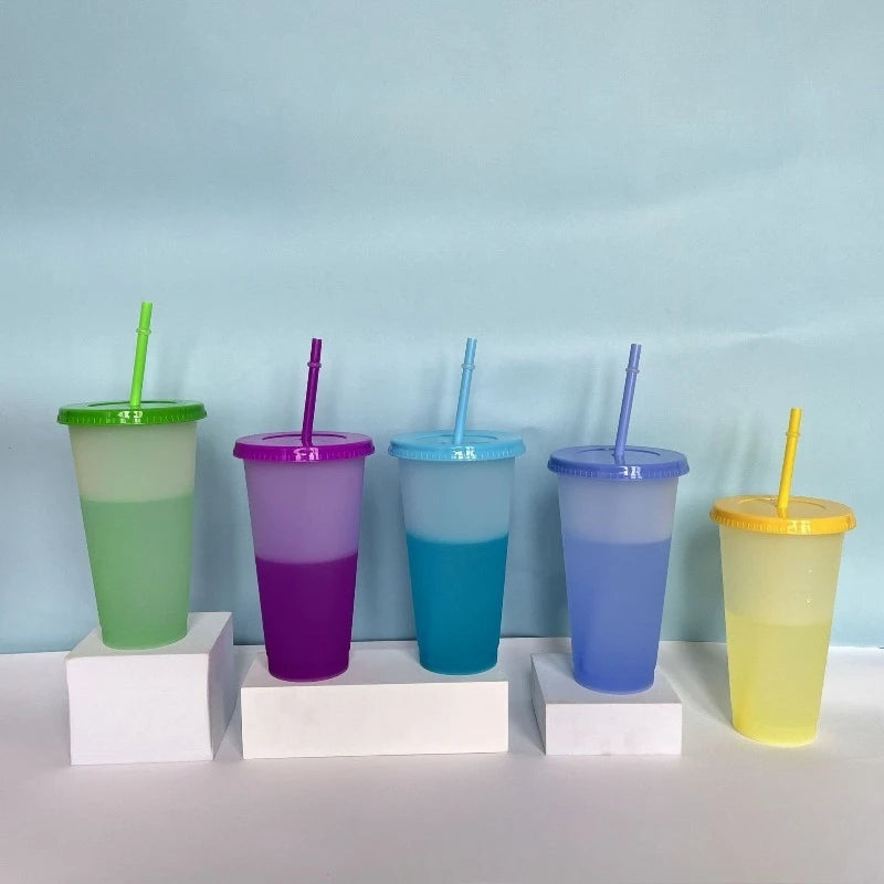 Hot 710ML PP Temperature Sensitive Color Changing Plastic Cup 24oz Large Capacity Water Cup Single-layer Transparent Straw Cup Zpaxo