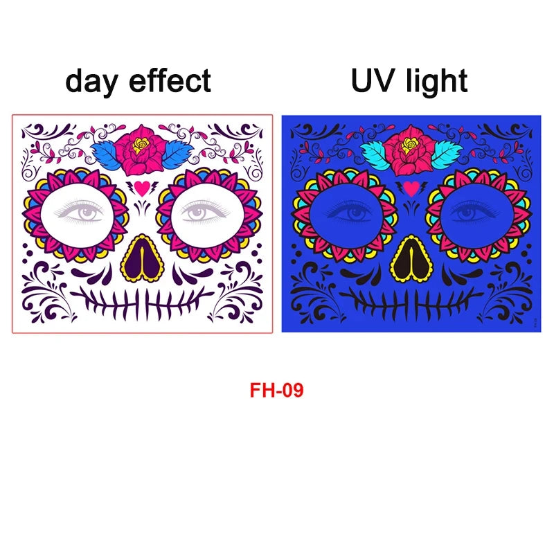 Day of the Dead Halloween Tattoo Fluorescent Waterproof Temporary Face Stickers Makeup Tattoo Dress Up Decoration Party Festival Zpaxo fh-009