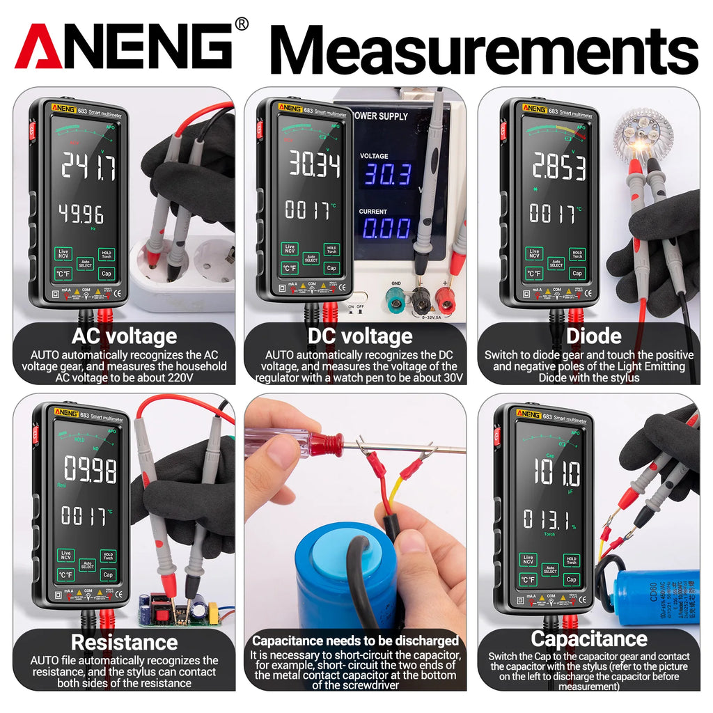 ANENG 683 Touchscreen Display USB Charging NCV Temperature Digital