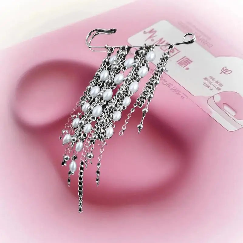 Unique Women's Pearl Chain Tassel Brooch Perfect Accessory Clothing Zpaxo