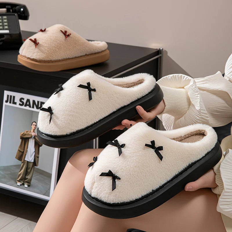 Fashion Women's Bow Slippers Winter Indoor Home Warm Non-slip EVA