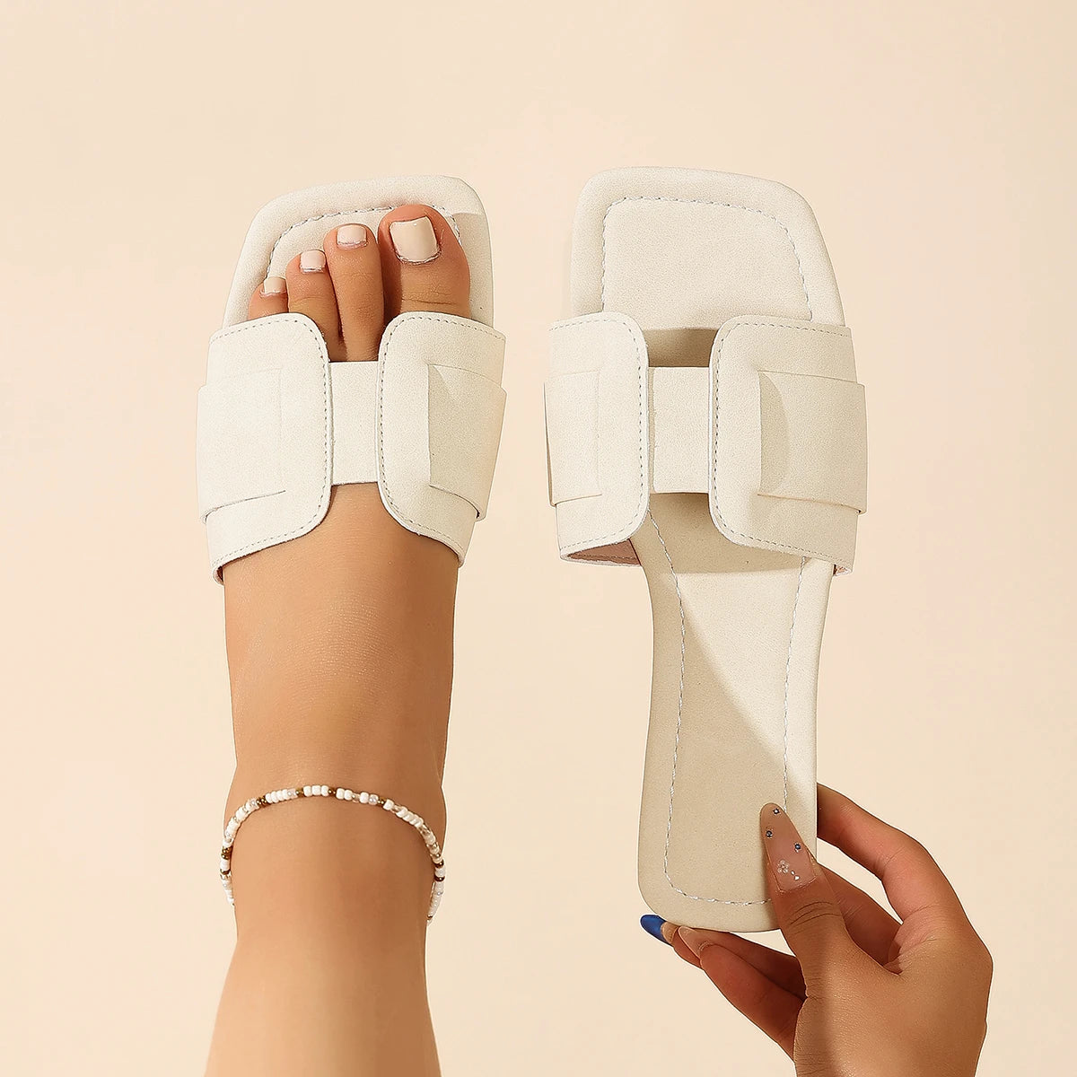 Women Flat Slippers 2026 Summer Beach Casual Outside Sandals Zpaxo Beige 43