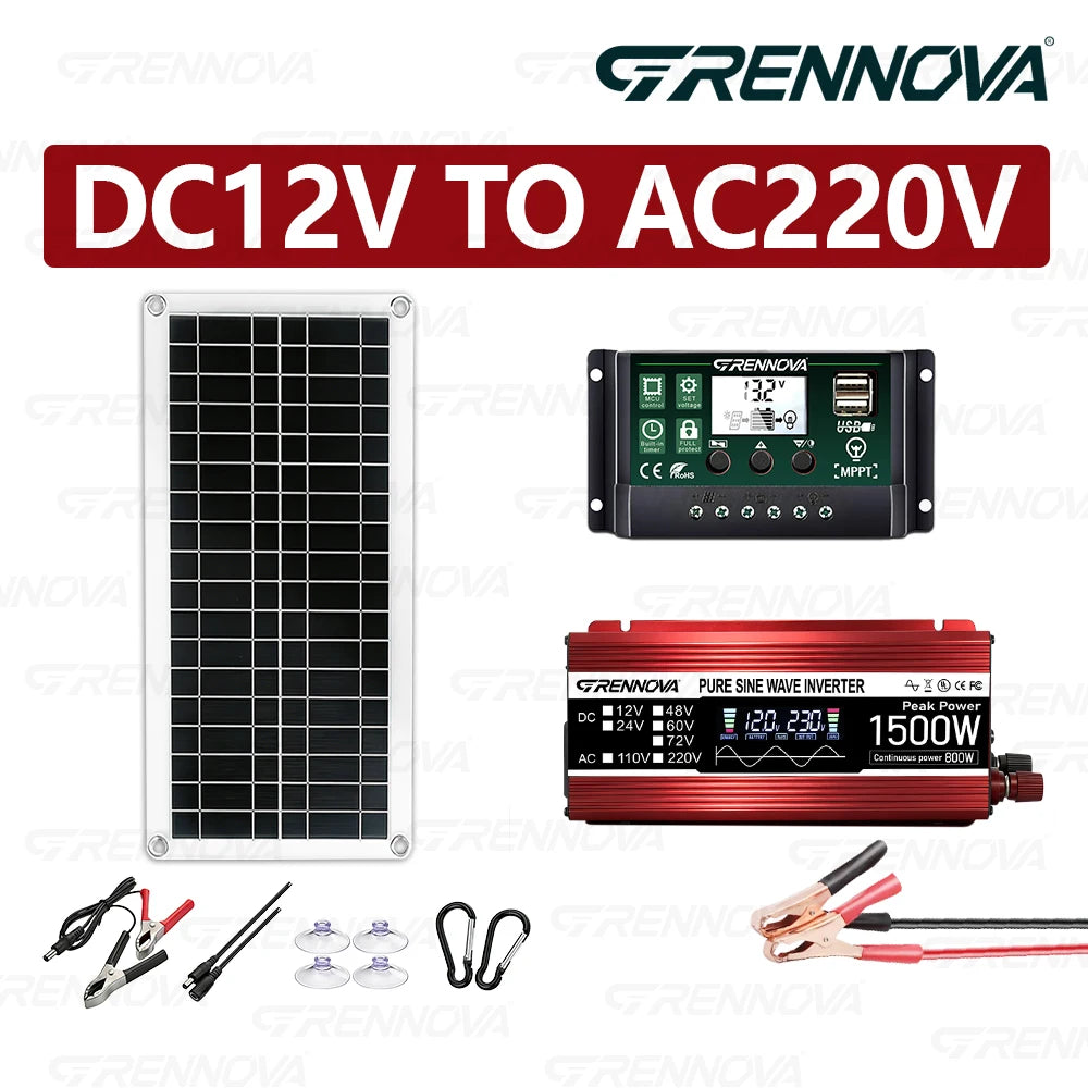 Grennova 1500W Solar System Kit High Quality Panel Pure Sine Power Inverter 60A MPPT Controller Off-Grid RV/Camper Home Backup Zpaxo 220V Kit